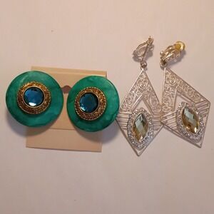Clip-On Stud & Dangle Earrings, Blue, Yellow, Green, Silver, Oval, Diamond